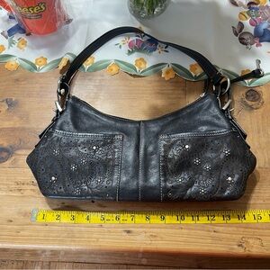 Fossil Black Leather Shoulder Bag with Floral Laser-Cut Detail